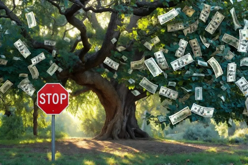 money tree filled with dollar bills with a stop sign